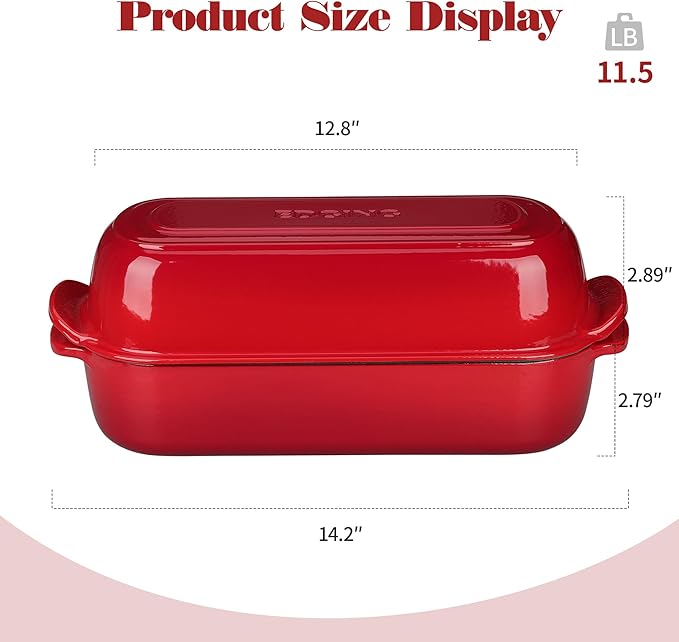 EDGING CASTING Enameled Cast Iron Loaf Pan with Lid, Bread pan, Dutch Oven Bread pan for Homemade Sourdough Bread Baking, 12.5x5.5 inch, 5qt, Red