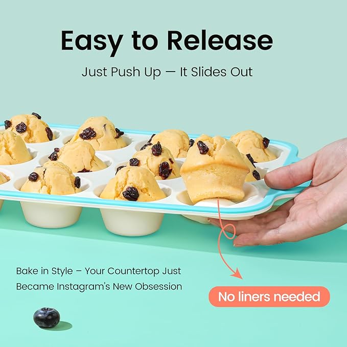 Fimary Silicone Muffin Pans for Baking 2 Pack, 2.6 Inch with Metal Reinforced Frame, Regular Size Nonstick Cupcake Pan 12 Cups for Baking Homemade Muffins, Dishwasher Safe BPA Free-Blue