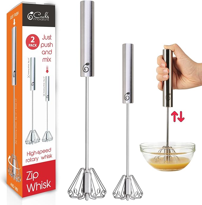 Stainless Steel Push-Down Rotary Egg Beater Hand Whisk 2 Pack 12 & 14 Inch