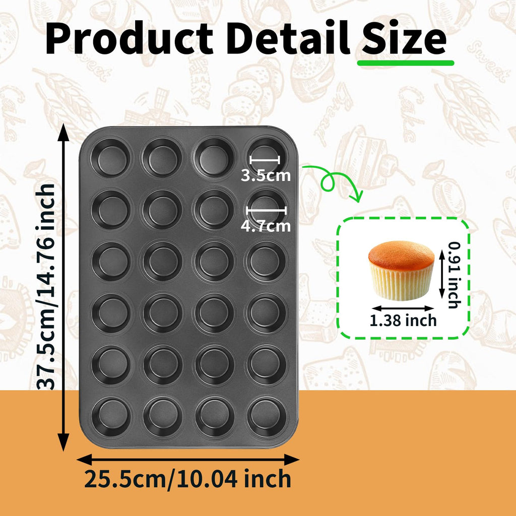 Beasea Nonstick Mini Muffin Pan 24 Cups, 2 Pack 24 Mini Small Tiny Cup Non Stick Muffin Baking Pan Tin Tray Carbon Steel Bakeware Individual Cupcake Baking Pan - Black