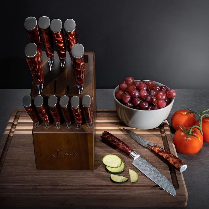 SENKEN 16-Piece Knife Block Set - Japanese High Carbon Stainless Steel with Damascus Pattern, Red Resin Handles, 6 Steak Knives & Acacia Hardwood Block (Red)