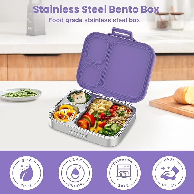 Pawtong Stainless Steel Bento Lunch Box for Kids | 3-Compartment Lunch Box Container Kids | 100% Leakproof, Eco-Friendly, Perfect Portion Control for Kids&Adult Healthy Meals (Purple)