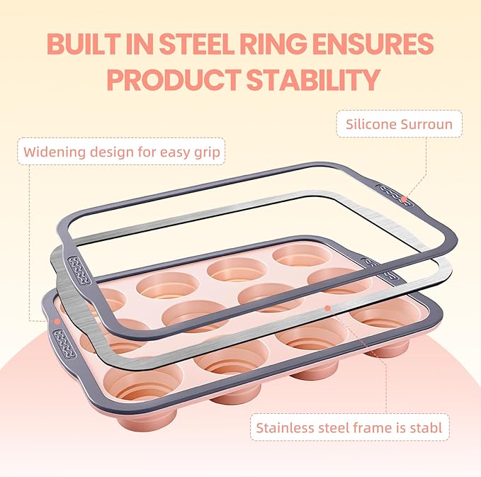 BHNJUTM 12-Cup Silicone Muffin Pan for Baking - Premium Nonstick Muffin Tin with Metal Reinforced Frame, Easy to Clean Silicone Cupcake Molds, Dishwasher & Oven Safe BPA Free (one pink)