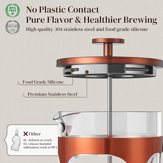 Veken French Press Coffee Maker,No Plastic Touching Cafe,34oz 1L Cafetera
