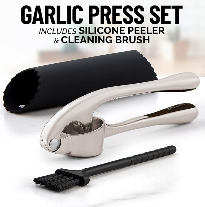 Zulay Kitchen Premium Garlic Press Set - Rust Proof Professional Garlic Mincer Tool - Easy-Squeeze, Easy-Clean with Soft, Ergonomic Handle - Silicone Garlic Peeler & Brush (Silver)