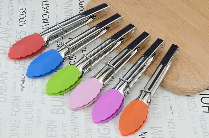 HINMAY Small Tongs with Silicone Tips 7-Inch Mini Serving Tongs, Set of 6