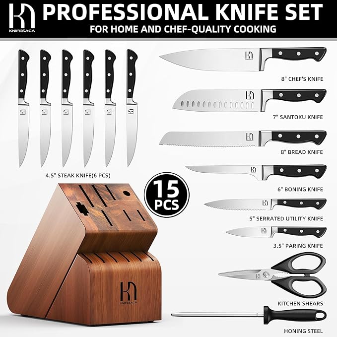 KnifeSaga 15-pc Japanese Kitchen Knife Block Set, Razor Sharp, Professional