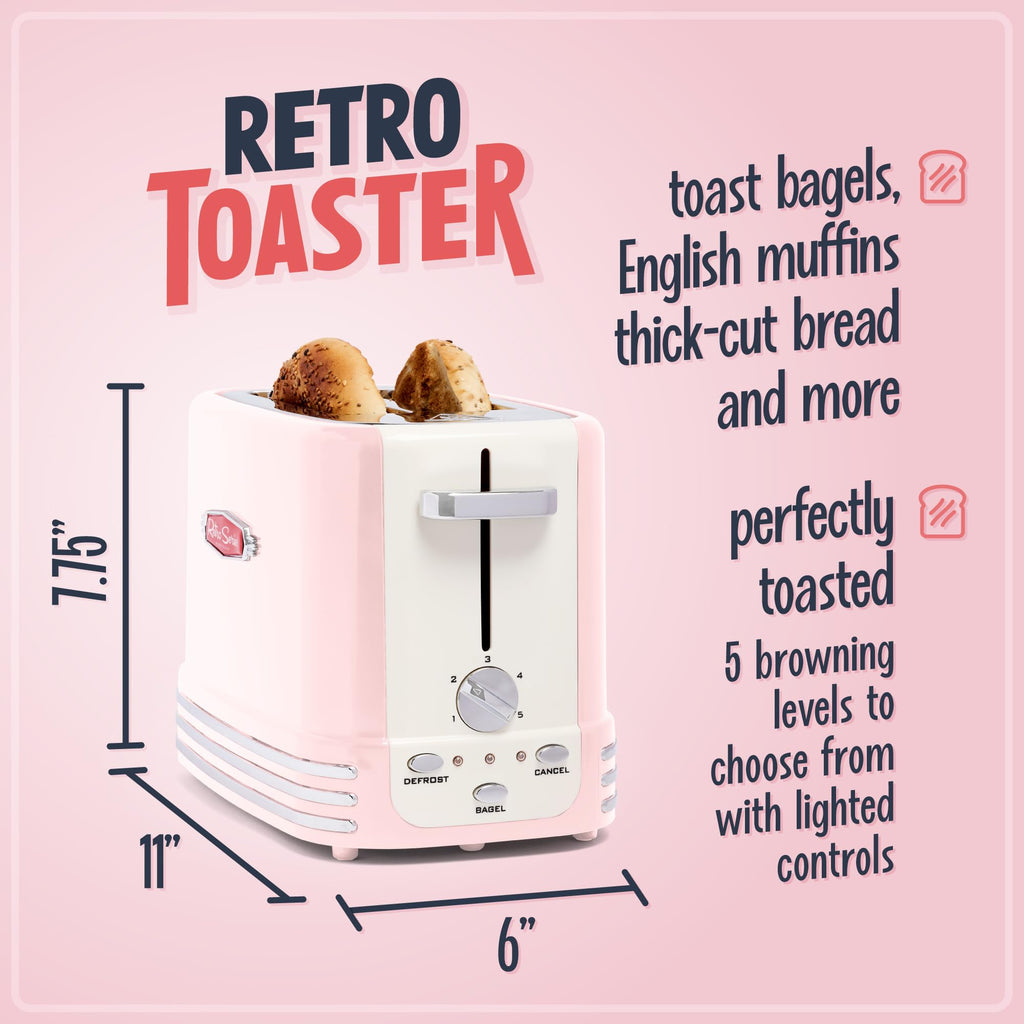 Nostalgia Retro Wide 2-Slice Toaster, Vintage Design With Crumb Tray, Cord Storage & 5 Toasting Levels, Pink