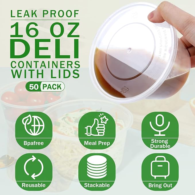 16 oz Deli Containers with Lids, 50 Pack Meal Prep Food Storage Containers