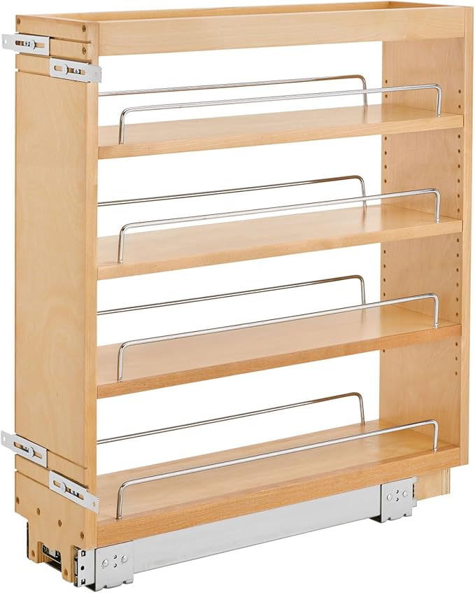 Rev-A-Shelf Maple Pullout Organizer for Full Height Base Cabinets, Full Extension Slides & Adjustable Shelves, Min Opening Width of 7", 448-BC-6C