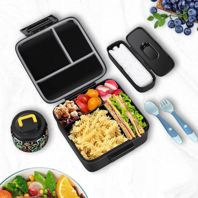 JXXM Bento Lunch Box for Kids With 8oz Soup thermo,Leak-proof Lunch Containers with 5 Compartment,thermo Food Jar and Lunch Bag, Food Containers for School (A-Black(Game Consoley))