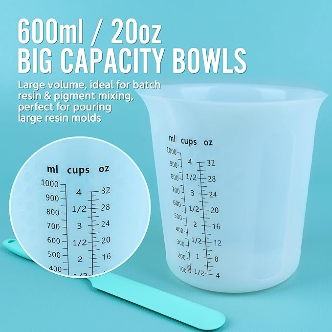 SWIGRANCE Silicone Resin Mixing 1L Measuring Cup Set for Resin Supplies, Easy-to-Read Marks, 1000ml/32oz Large Cup, 500&250&100ml Thickened Reusable Silicone Cups for Epoxy Mixing, Jewelry Making