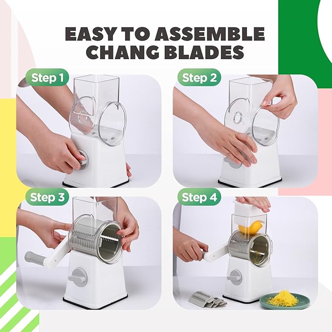 Leriton 6-in-1 Multifunctional Rotary Cheese Grater with 11 Blades Vegetable Shredder Food Shred Dice Slicer Chopper with Suction Base Rotating Handle Safety Push Cup for Kitchen Housewife Gift(White)
