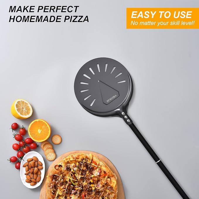 VIKCOLEE Turning Pizza Peel, 8 Inch with 25 Inch Handle Round Pizza Turning Peel, Professional Anodized Aluminum Turning Pizza Spatula, 33 Inch overall