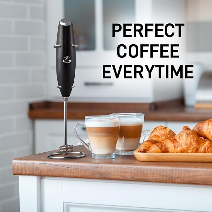 Zulay Kitchen Powerful Milk Frother Wand With Duracell Batteries - Ultra Fast Handheld Drink Mixer - Electric Whisk Foam Maker for Coffee, Lattes, Cappuccino & Matcha - Double Whisk - Metallic Black
