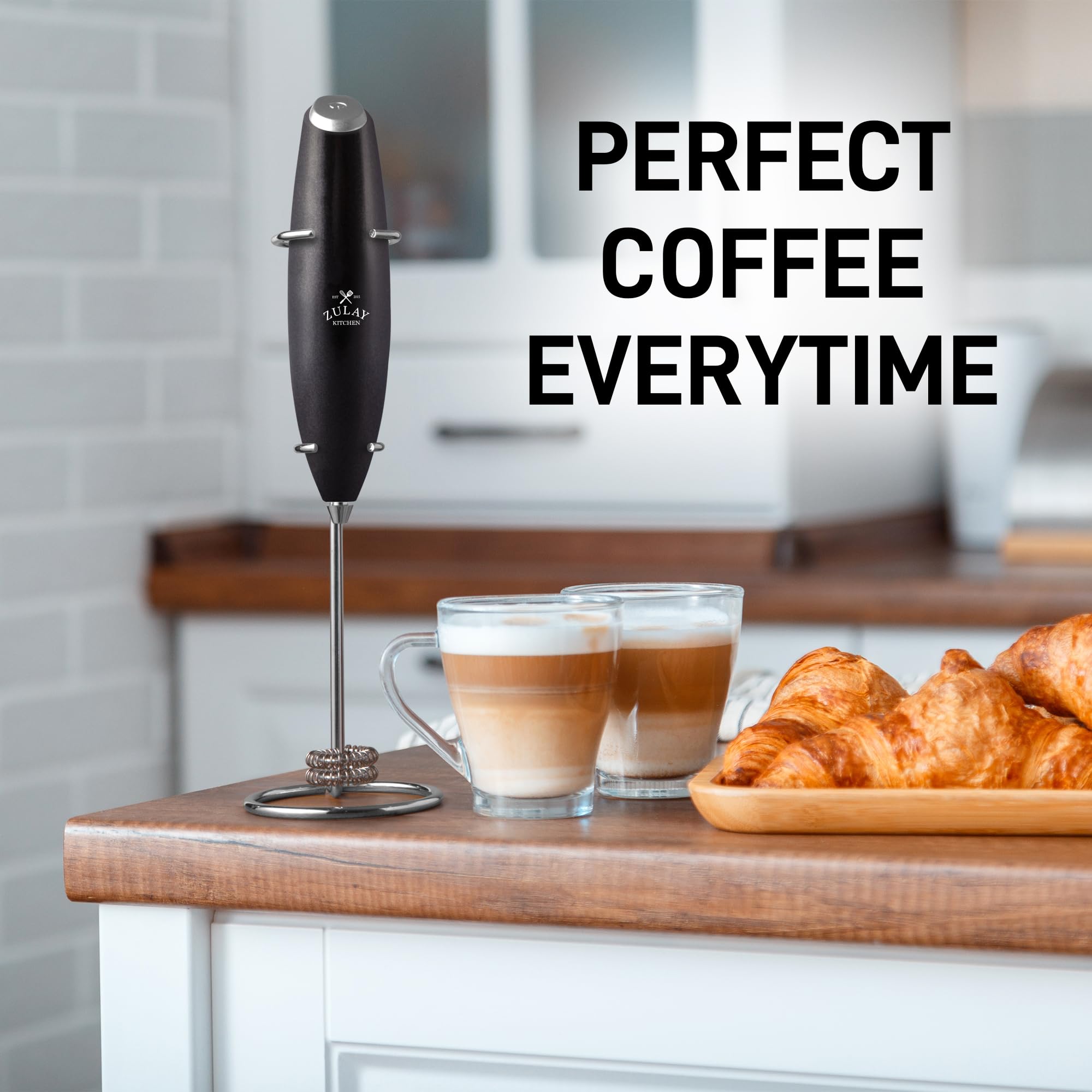 Zulay Kitchen Powerful Milk Frother Wand With Duracell Batteries - Ultra Fast Handheld Drink Mixer - Electric Whisk Foam Maker for Coffee, Lattes, Cappuccino & Matcha - Double Whisk - Metallic Black