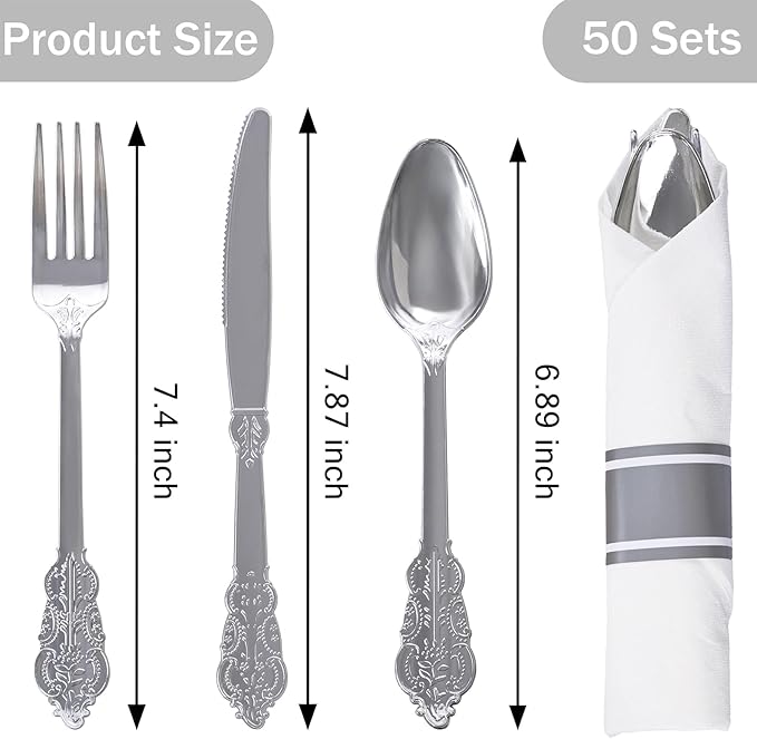 WELLIFE 50 Pack Silver Plastic Silverware, Wrapped Silverware Set Disposable,Include 50 Forks, 50 Knives, 50 Spoons and 50 Napkins, Disposable Cutlery for Party and Wedding