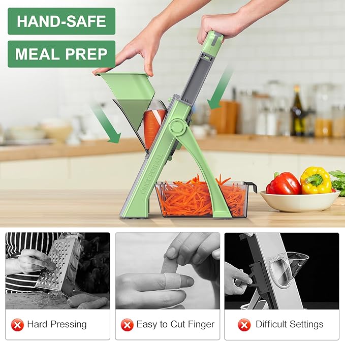 ZTQCSQ [All in 1] Upgraded Version Safe Mandoline Slicer for Kitchen, Adjustable Thickness. Detachable Blade, Veggie Slicer, Rapid Prep Mandoline, with Cleaning Brush/Paring Knife (MatchaGreen)
