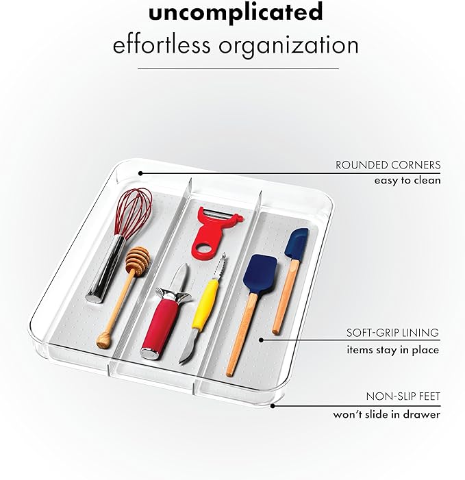 madesmart Clear 3 Compartment Utensil Tray, Grey