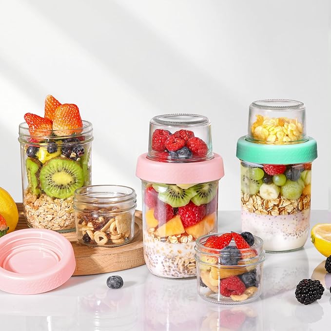 ComSaf 16+4Oz 4Pcs Overnight Oats Containers with Lids, Dual-Layer Jars