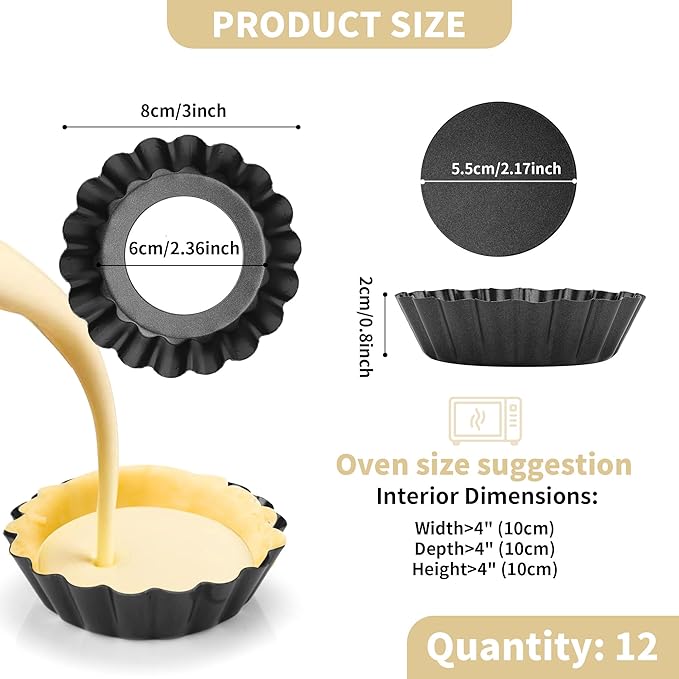 FARQAN 12 pcs Egg Tart Molds, 3" Mini Tart Pans Removable Bottom, Cupcake Cake Muffin Mold Tin Pan Baking Tool, Reusable Quiche Bakeware Carbon Steel for Pies, Quiche, Cheese Cakes, Desserts