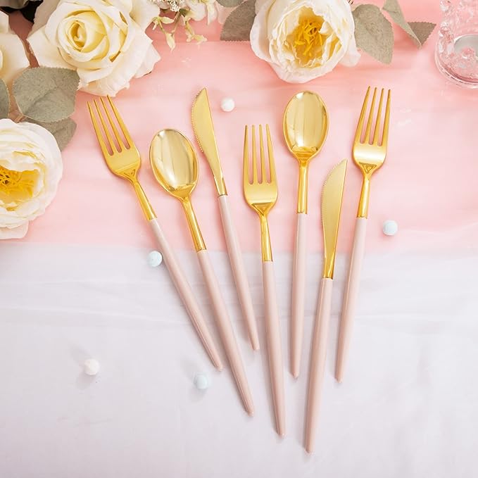 Rubtlamp 90Pcs Gold Plastic Silverware, Fancy Utensils Set With Pink Handles Include 30 Gold Knives, 60Plastic Forks and Spoons, Pink Silverware Heavy Duty For Mother's Day