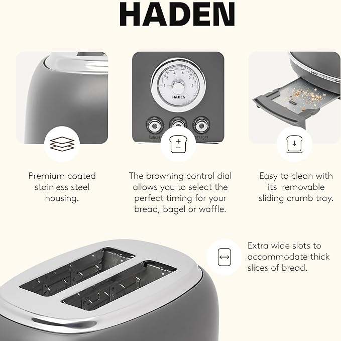 Haden Chelsea 2-Slice Wide Slot Stainless Steel Toaster with Adjustable Browning Control & Non-Slip Feet, Grey & Chrome