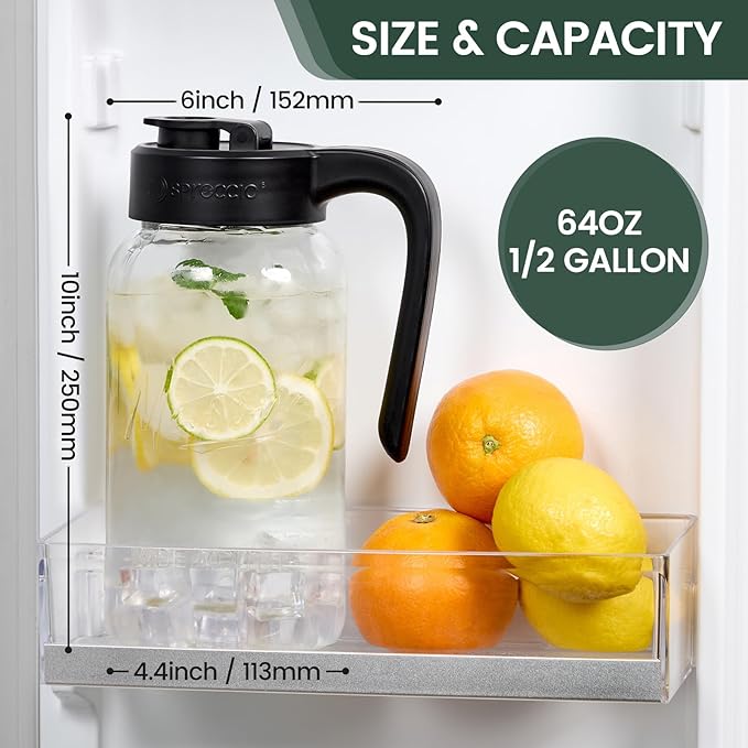 Spreccio Mason Jar Pitcher, 3 pcs 64 oz (2 quart), Glass Pitcher with Lid