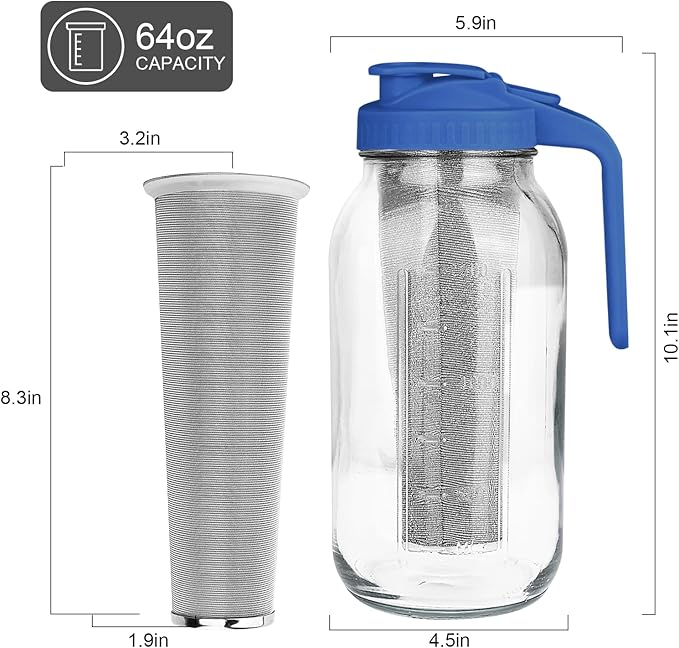QHH Cold Brew Coffee Maker, 64 oz Mason Jar Pitcher with Stainless Steel Filter, Pour Spout Handle Lid, Heavy Duty Glass Airtight & Leak-Proof for Iced Coffee,Tea & Lemonade