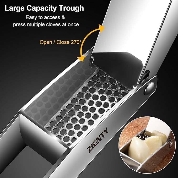 ZIGNTY Garlic Press Stainless Steel, Professional Crusher No Peel Required