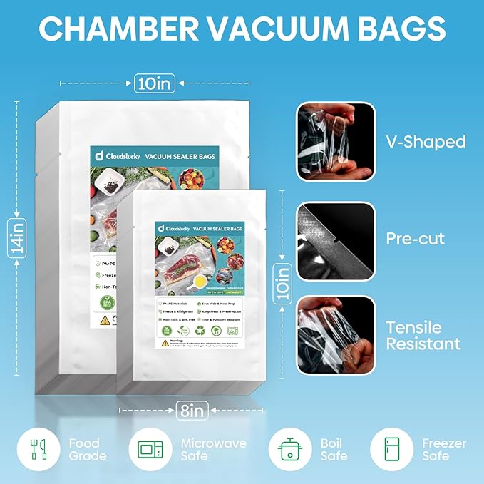 Cloudslucky Chamber Vacuum Sealer Bags,10"x14" 200 Pcs Pre-cut Chamber Machine Pouches,Heavy Duty Chamber Vacuum Bags for Commercial Sealer,Food Storage,Meal Prep,Sous Vide,Meat Cheese Goods, BPA Free