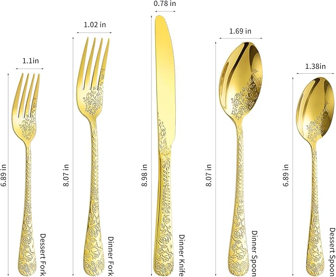 20 Pcs Gold Silverware Set for 4, Food Grade Stainless Steel Flatware Set, Eating Utensils Sets Include Fork/Knife/Spoon, Reusable Cutlery Set for Home Kitchen, Dishwasher Safe, Embossed pattern-1