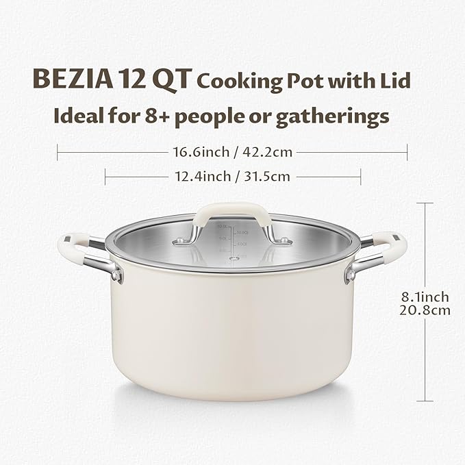 BEZIA 12QT Fully Clad 3-Ply Stainless Steel Stock Pot with Lid, Cooking Pot