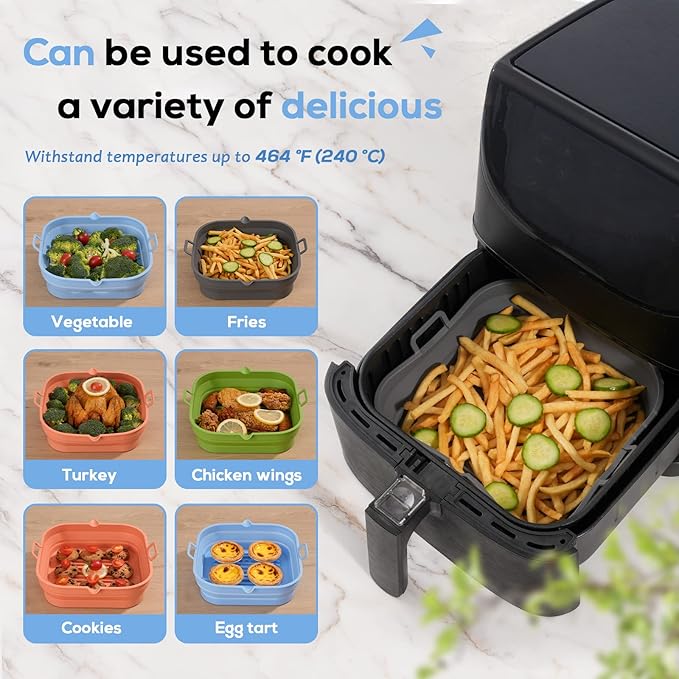 Loveuing Silicone Air Fryer Liners Square - Reusable Airfryer Collapsible Basket - Easy to Clean Air Fryers Pot for 5.8 to 8 Qt Baking Tray Oven Accessories, 8.5 Inch Large