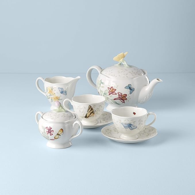 Lenox Butterfly Meadow Porcelain Teapot and Tea Cup Set, 9-Piece, 48oz