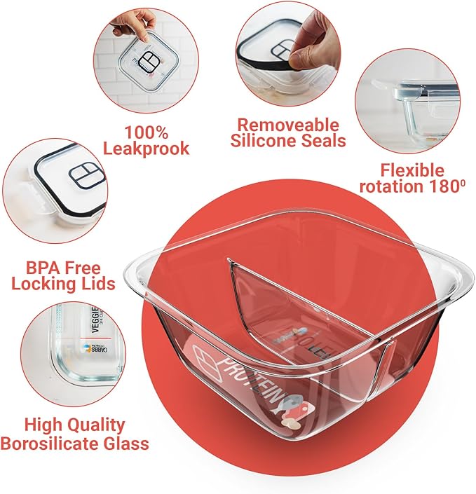 BariBowl Portion Control Containers for Bariatric Meals – 8 oz Glass Meal Prep Containers with Two 4 oz Compartments and Lids (3 Pack), Reusable Bento Lunch Boxes