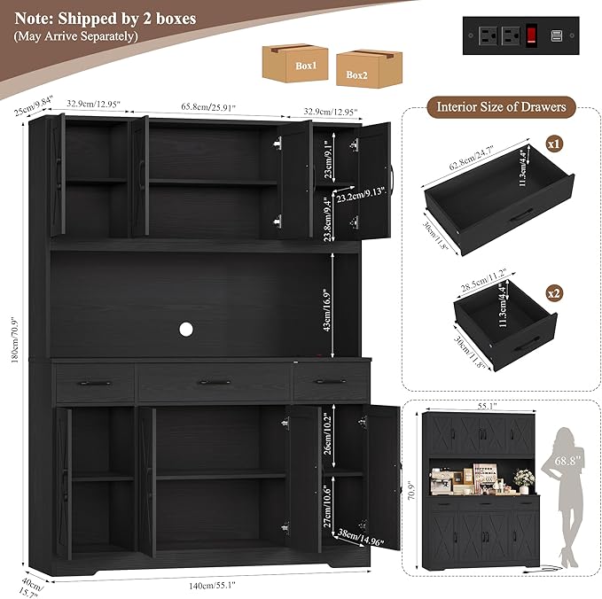 HOSTACK 71" H Kitchen Pantry Cabinet, 55" Kitchen Hutch, Black Wood Grain
