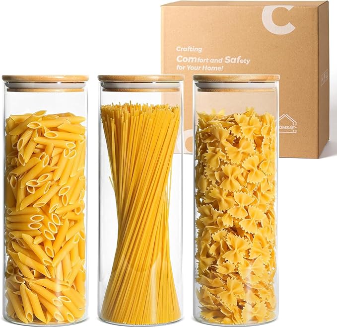 ComSaf Pasta Containers Storage 2 Qt, Spaghetti Container, 3 Pack Glass Jar