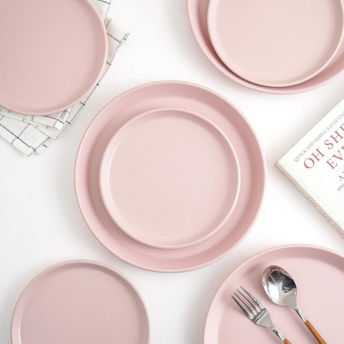 Stone Lain Albie Stoneware 32-Piece Modern Dinnerware Set, Kitchen Plates and Bowls Sets, Service for 8, Pink, Microwave & Dishwasher Safe