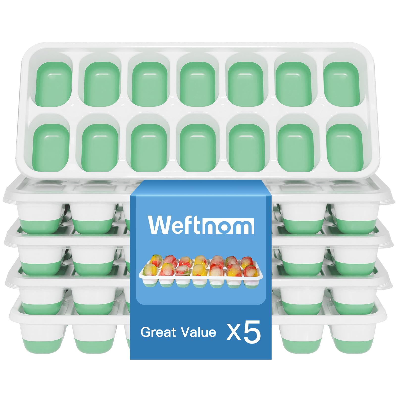 Weftnom Ice Cube Trays with Lids for Freezer, 5 Pack Silicone Set, 70 Cubes