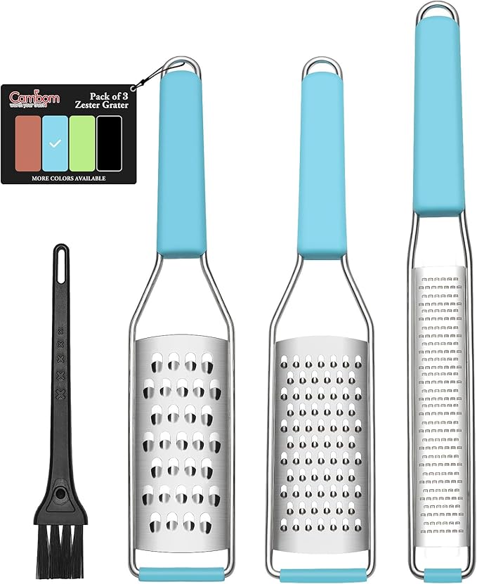 Cambom Cheese Grater Citrus Zester Lemon Zester Pack of 3-304 Stainless Steel - A Sharp Tool for Parmesan Cheese, Ginger, Garlic, Nutmeg, Chocolate, Vegetables，Fruits，Dishwasher Safe Blue