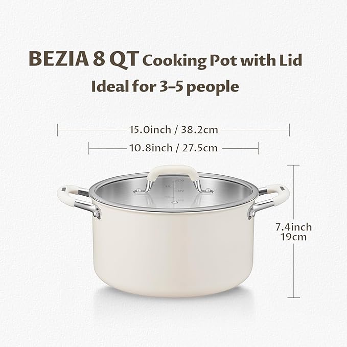 BEZIA 8QT Fully Clad 3-Ply Stainless Steel Stock Pot with Lid, Cooking Pot