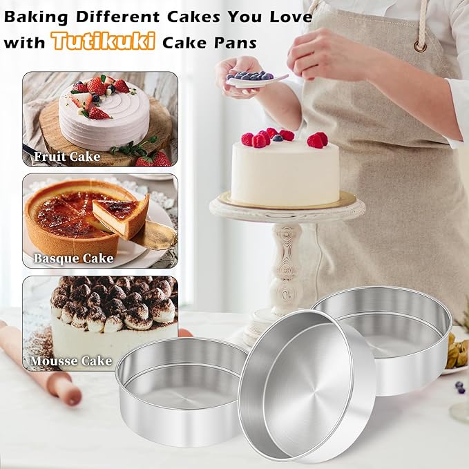 tutikuki 8 Inch Cake Pan - 3PCS Stainless Steel Round Layer Cake Baking Pans with 100 PCS Parchment Paper, Round Bakeware for Party Birthday Wedding, Mirror Finish & Dishwasher Safe
