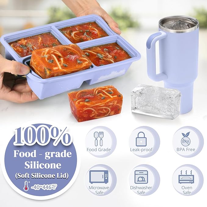 BIONMAPLE 2 PACK 1 Cup Silicone Freezer Trays With Lid For Freeze & Store Soup, Broth, Leftovers, Microwave-safe Soup Freezer Container - Purple