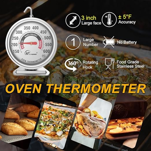 KT THERMO Oven Thermometer150-600°F, Oven Grill Fry Chef Smoker Analog Thermometer Instant Read Stainless Steel Kitchen Cooking Thermometer (1)