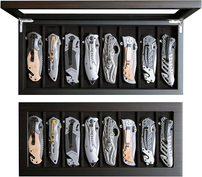 Besforu Knife Display Case Organizer storage 8 pocket knives, Folding Knife Holder with Real Glass Window Top， Pocket knife collection box for men gift (Ebony Veneer 8 slot)