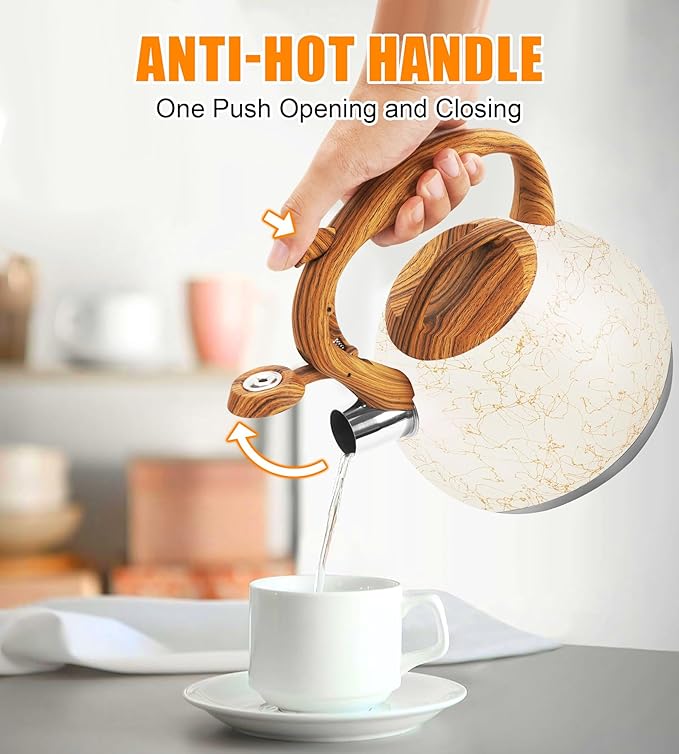 Foedo 3.2Qt Stainless Steel Whistling Tea Kettle Stovetop, Off-white