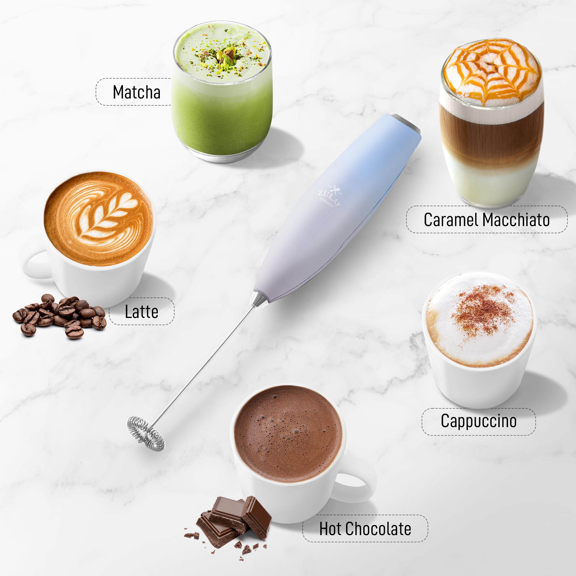 Zulay Powerful Milk Frother for Coffee with Upgraded Titanium Motor - Handheld Electric Whisk, Milk Foamer, Mini Mixer & Coffee Blender for Frappe, Latte, Matcha, No Stand - Grand Cloud