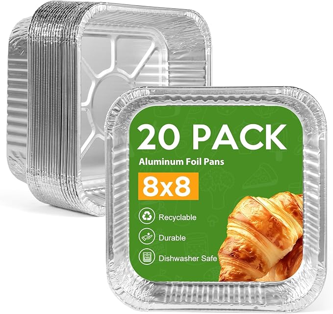 Homewarm 8"x8" Aluminum Foil Pans Disposable - 20 Pack Square Baking Pans Disposable Grill Accessories Meal Prep Containers Heavy Duty Tin Foil Pan for Baking Cake, Oven Cooking, Heating, Storing