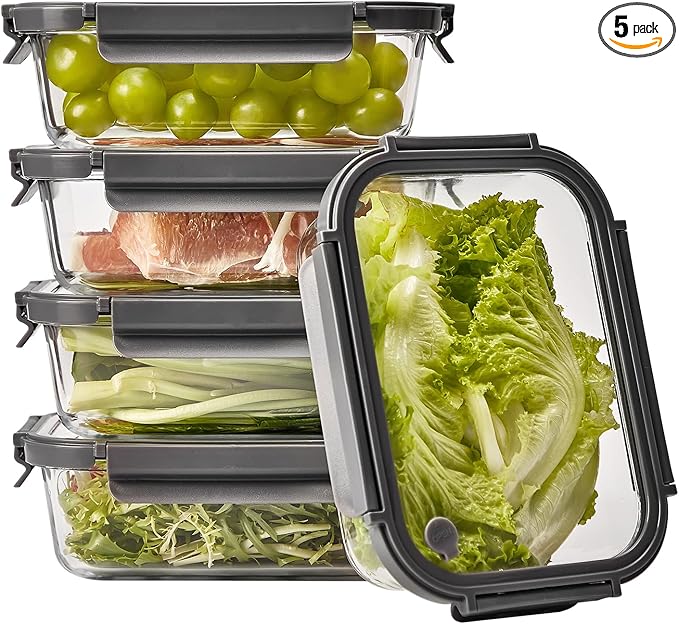 Spreccio Glass Food Storage Containers with Lids, 5 Pack of 36oz, Glass Meal Prep Container with Airtight Lids, Microwave Safe Food Container Set, BPA Free, LeakProof, Ideal for Lunch